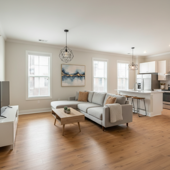 Bright upgraded apartment living room with durable finishes and open-plan kitchen.