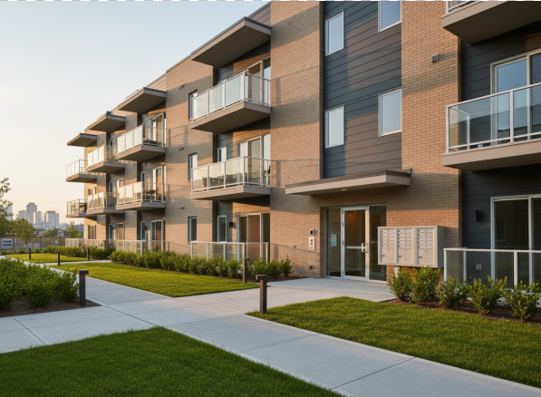 Renovated multifamily apartment building exterior with contemporary facade and landscaping.