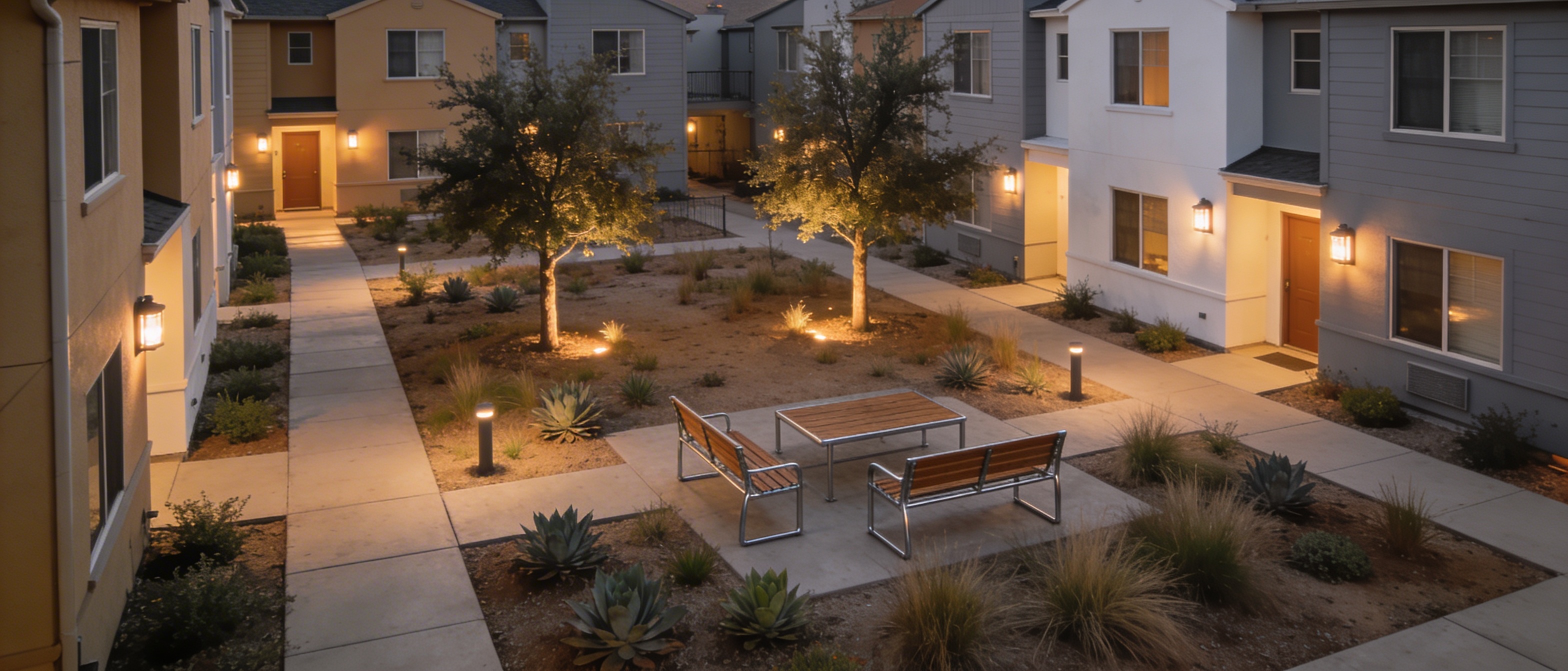 Thoughtfully planned multifamily courtyard with clean walkways, lighting, and landscaping.