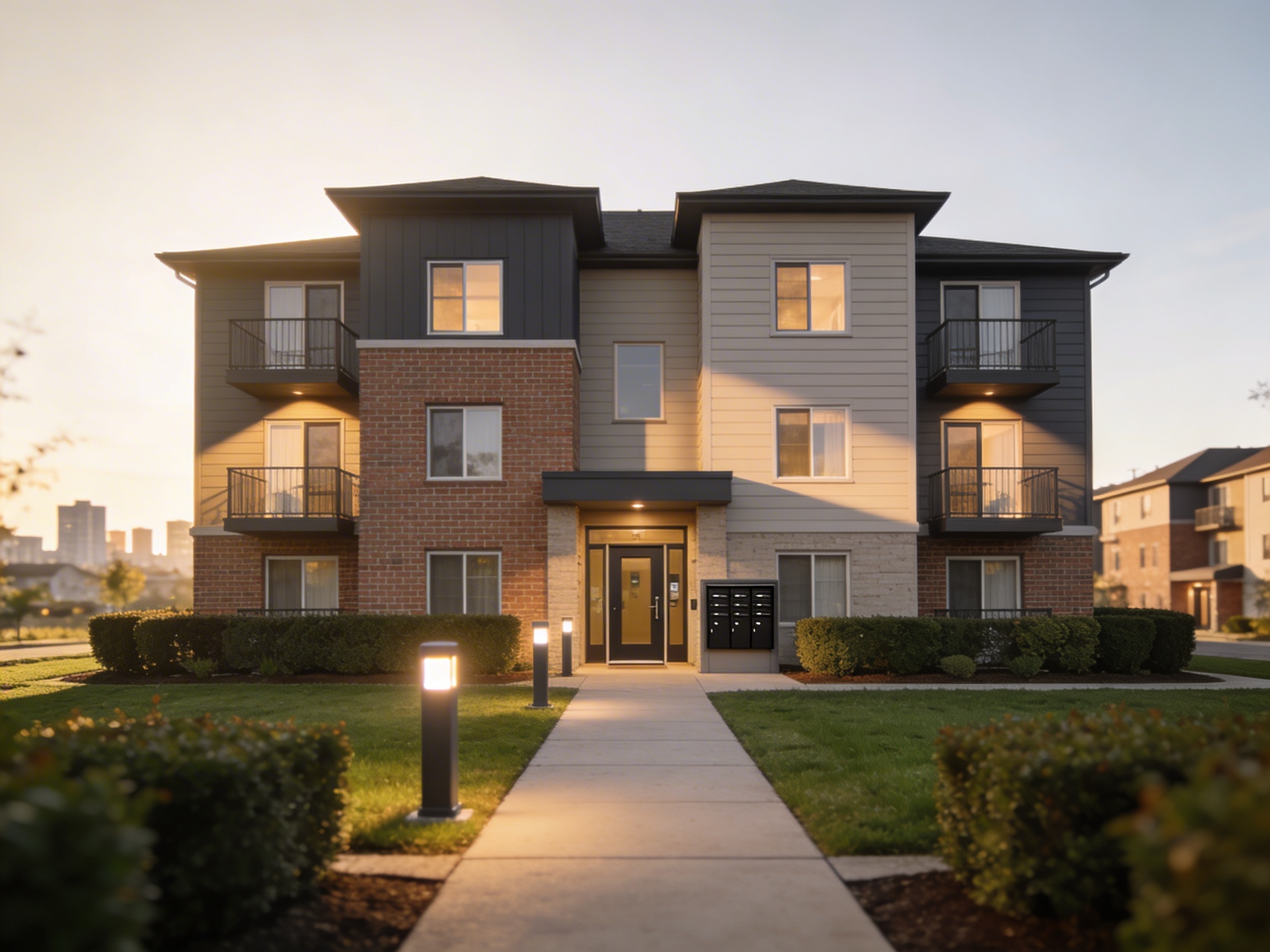 Renovated multifamily apartment building exterior with contemporary facade and landscaping.