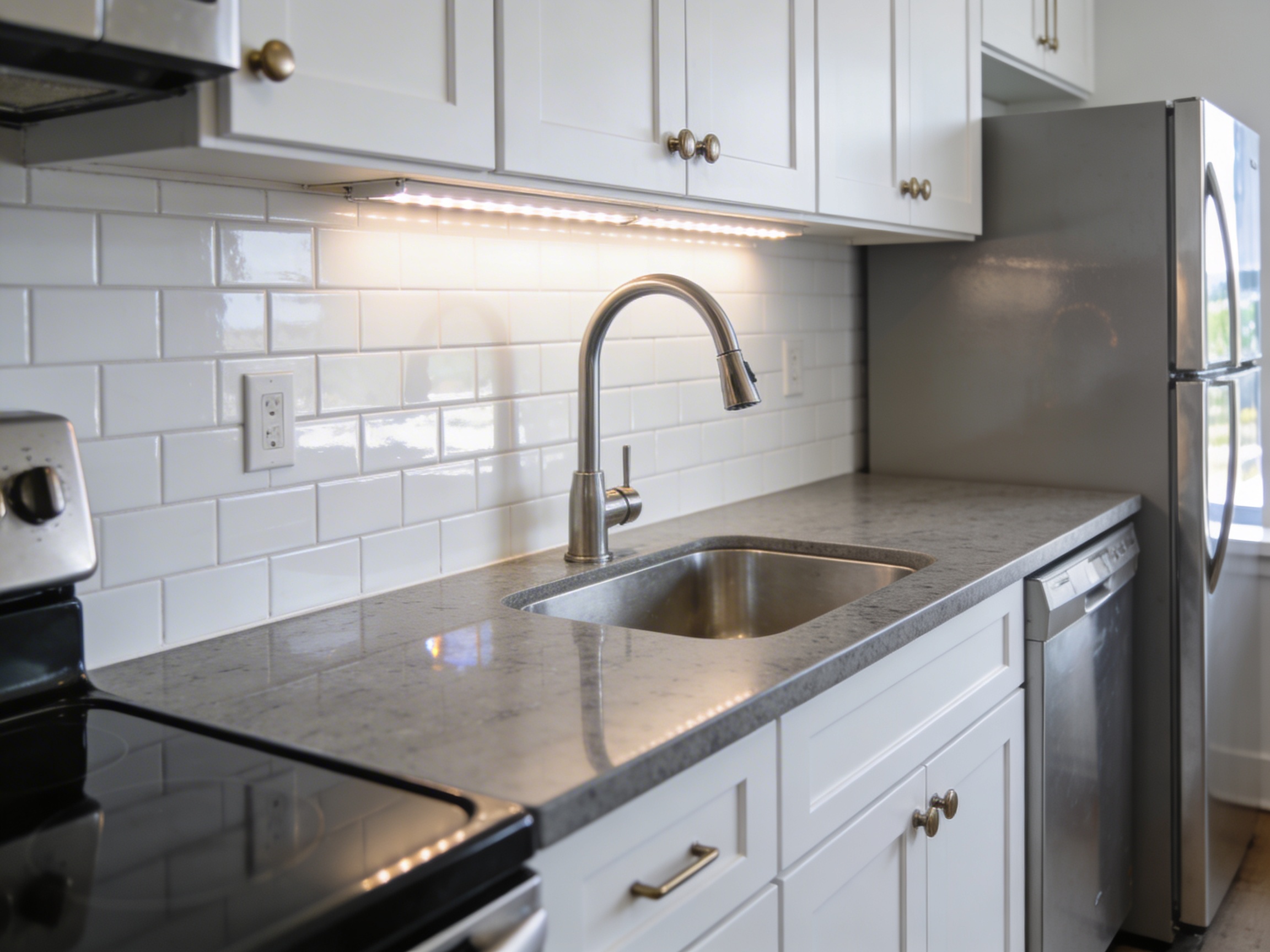 Close-up of a renovated apartment kitchen with white cabinetry, quartz counters, and stainless steel appliances.