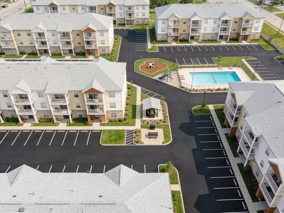 Aerial view of a stabilized multifamily property portfolio with institutional, well-maintained character.